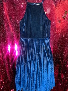 Lucy Paris Midnight Blue Velvet Pleated Midi Dress